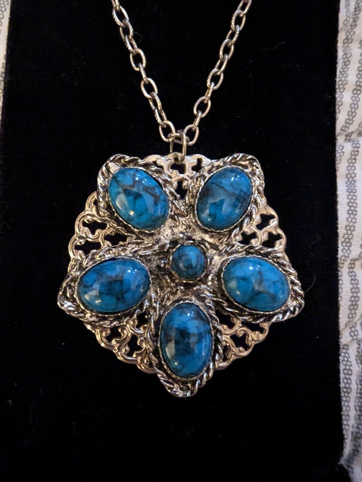 Southwestern Silvertone Blue Acrylic Pendant Necklace