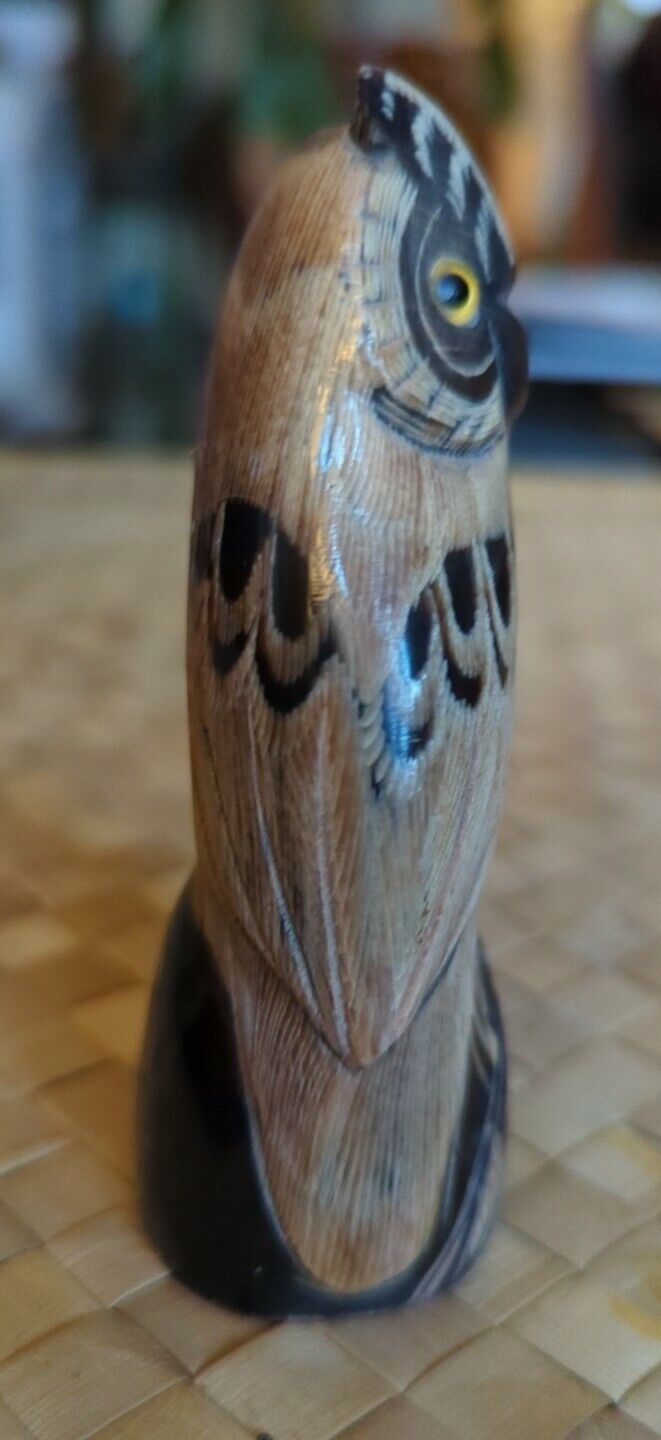 Water Buffalo Horn Carved Owl Figurine 4" tall.