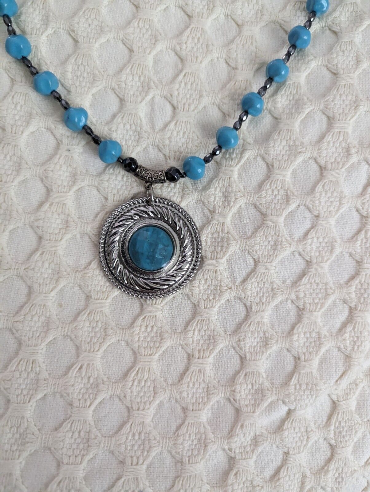 Large Faux Turquoise And Silver Tone Pendant Necklace