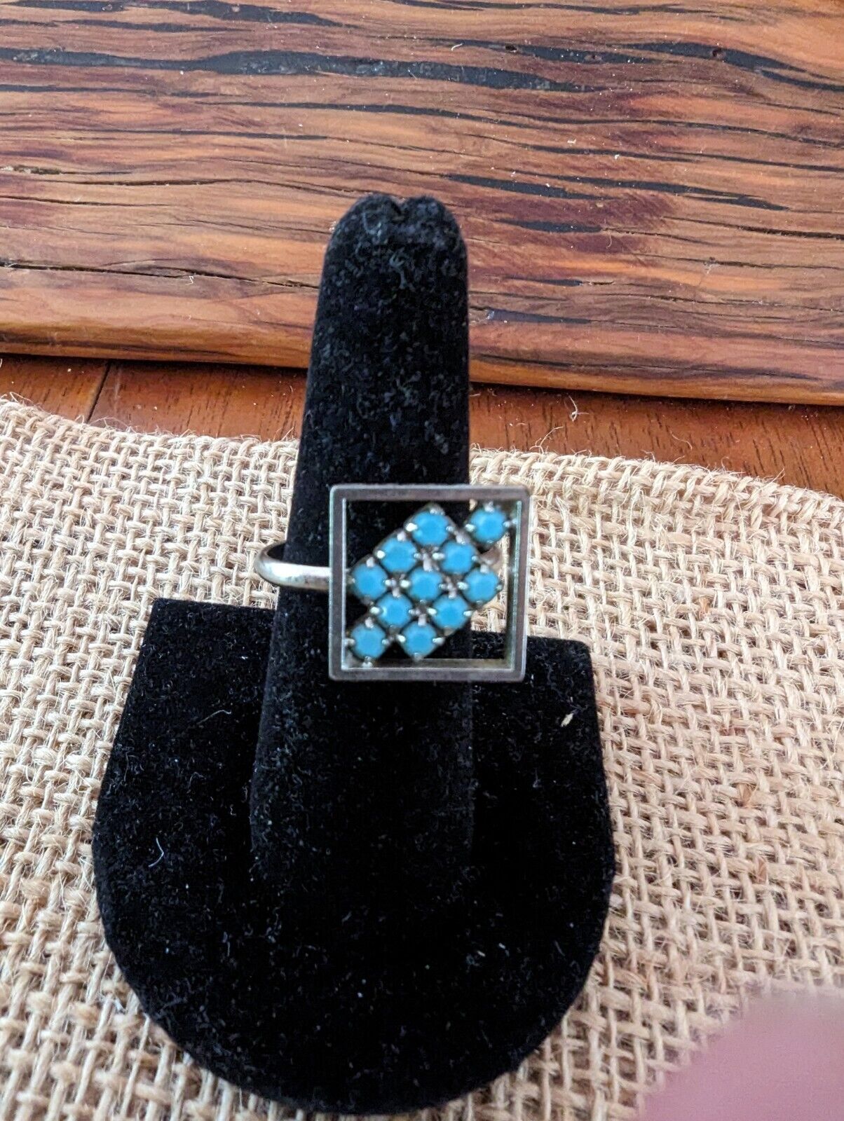 Unique Square Silver Tone And Turquoise Ring Size 8