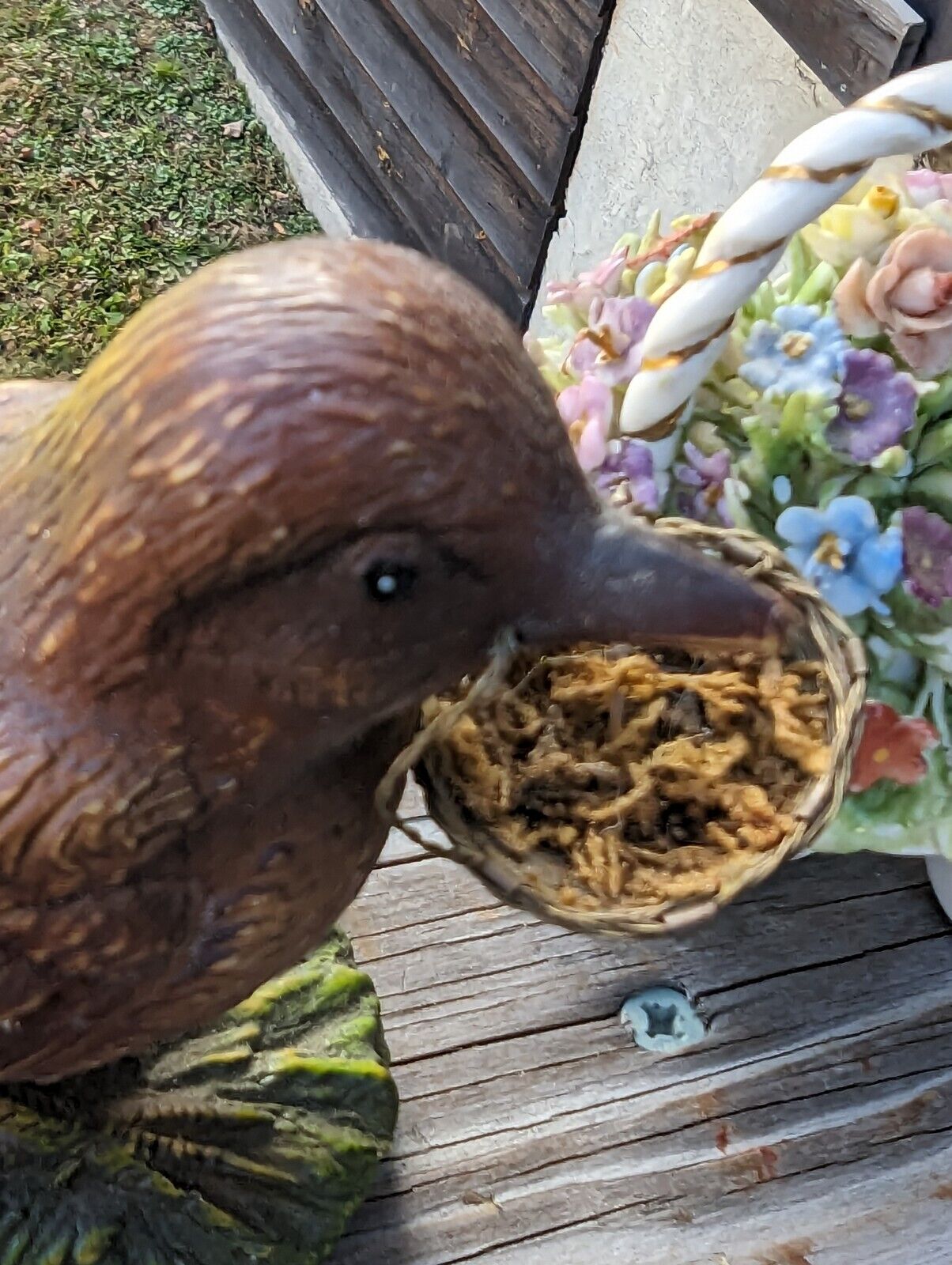 Vintage Katherine's Collection Adorable Brown Sparrow With Metal Woven Basket