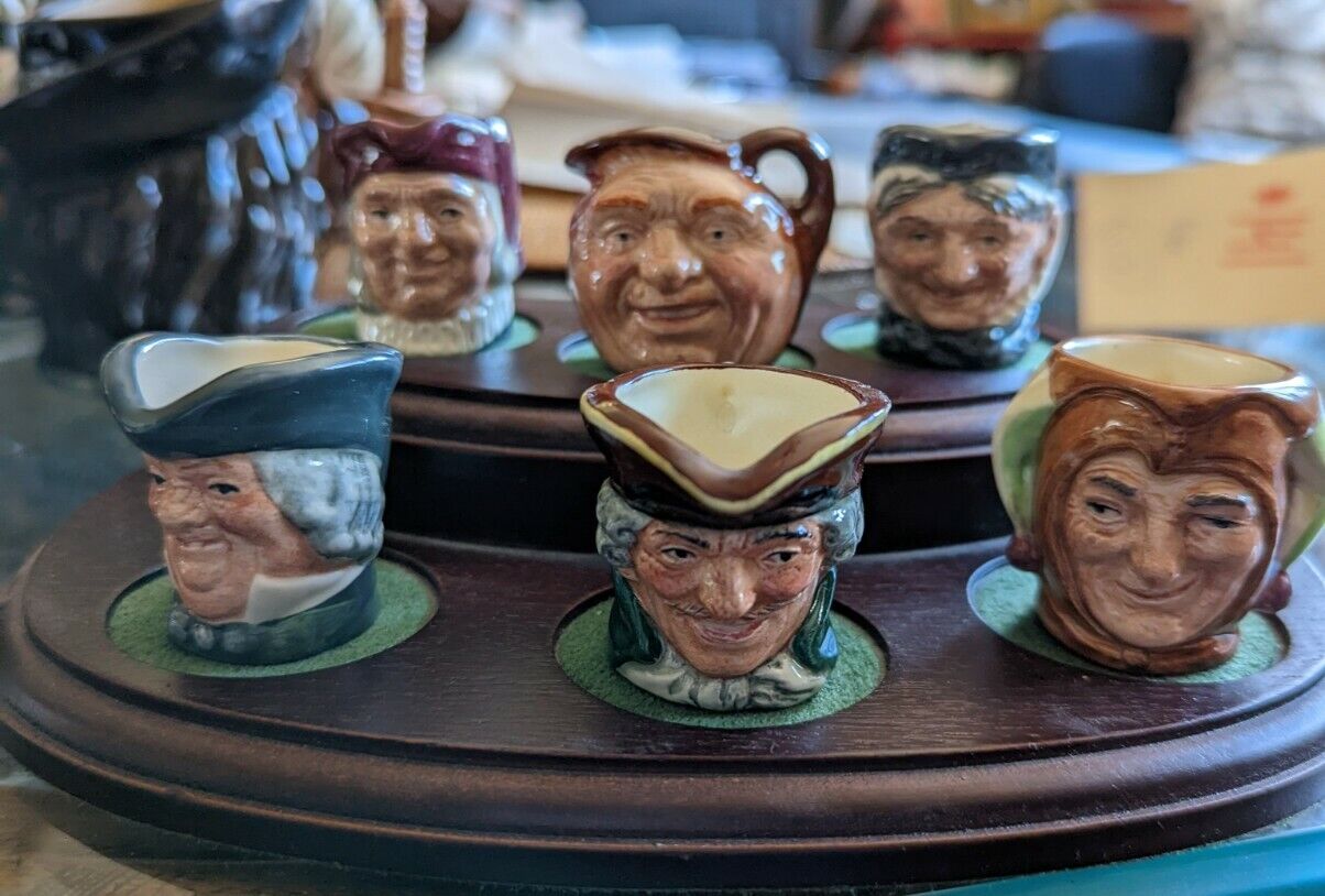 Six Miniatures Royal Doulton Mugs With Fine Wood Stand