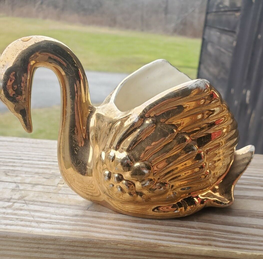 Swan 22k Gold Dip Porcelain Ceramic Vase Planter Candle/Jewelry Holder USA Made