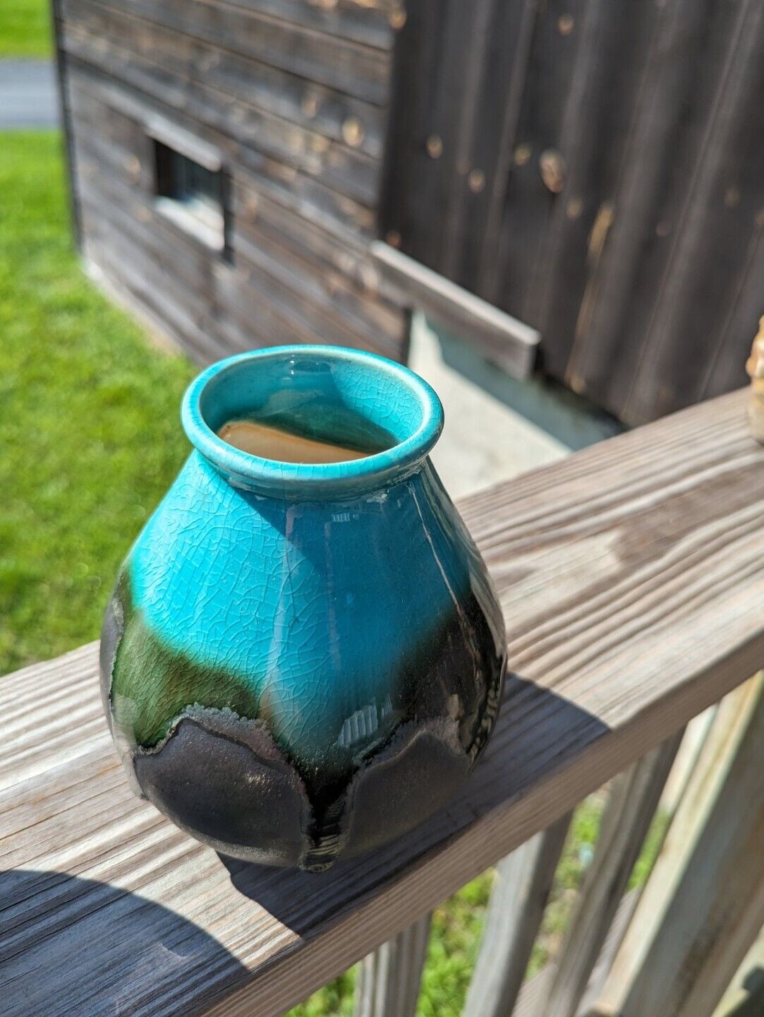 Clay Ceramic Vase Chocolate Brown With Glossy Turquoise Glaze Drip