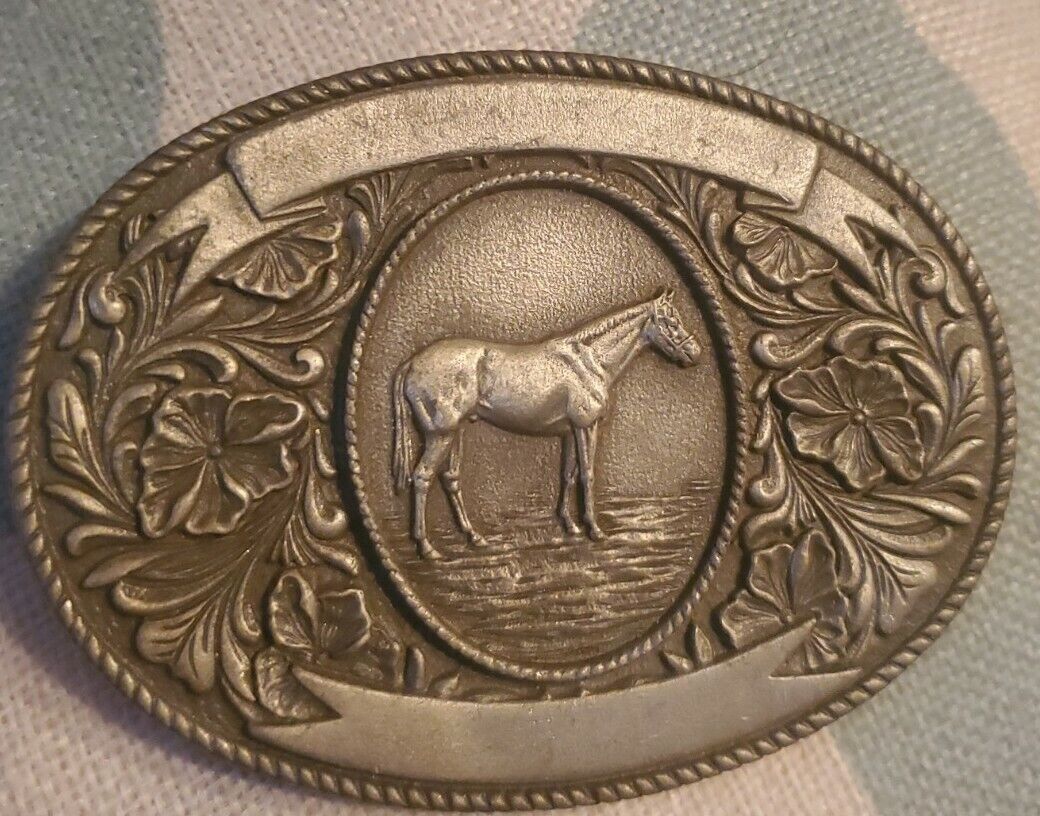 Vtg WESTERN PROD CO 1974 Silver Toned Engraved Belt Buckle W/Horse