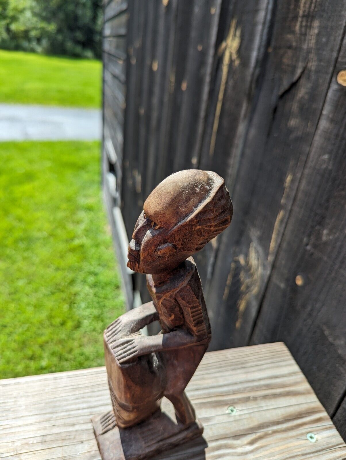 Vintage Hand Carved Wood Man On Drums African Tribal Folk Art Statues Figurine