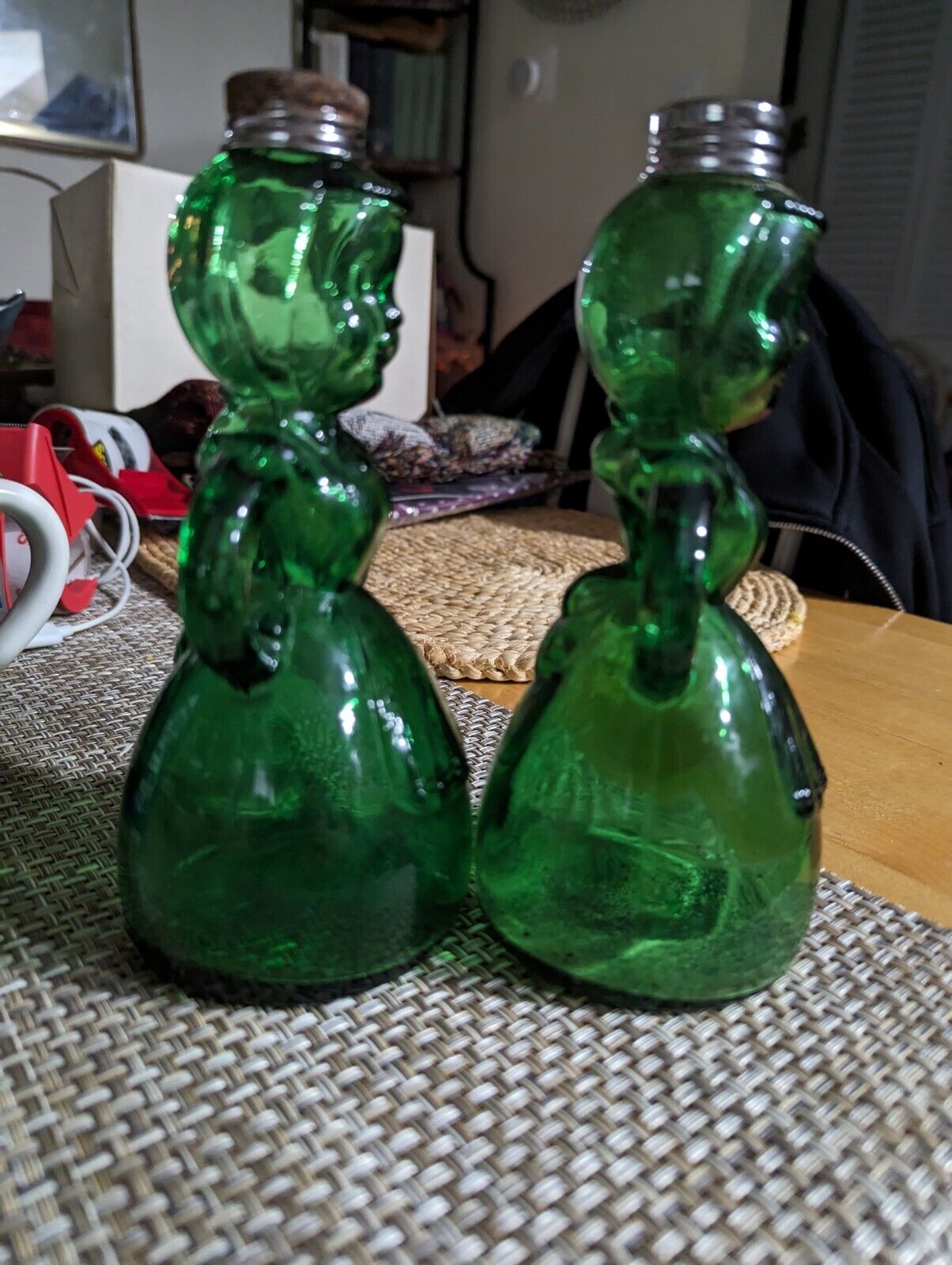 RARE Merry Maids Green Glass Salt &Pepper Shakers Vintage