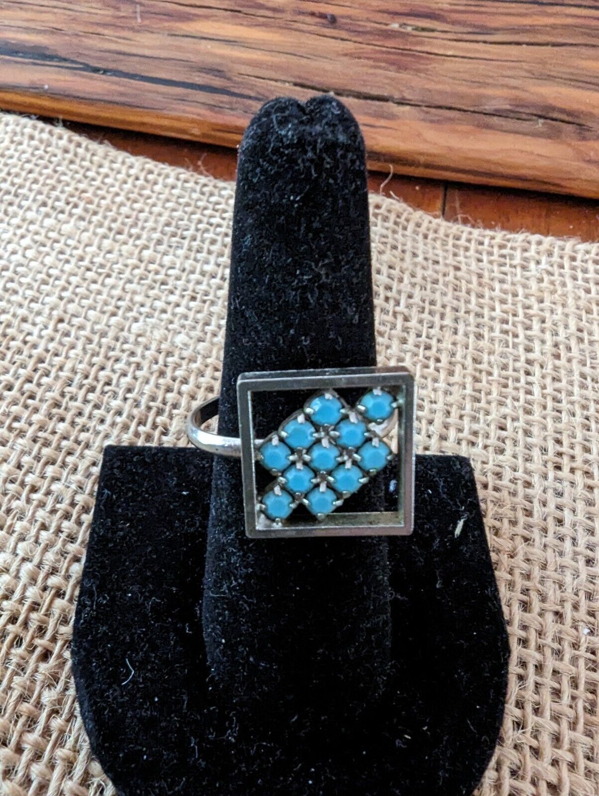 Unique Square Silver Tone And Turquoise Ring Size 8