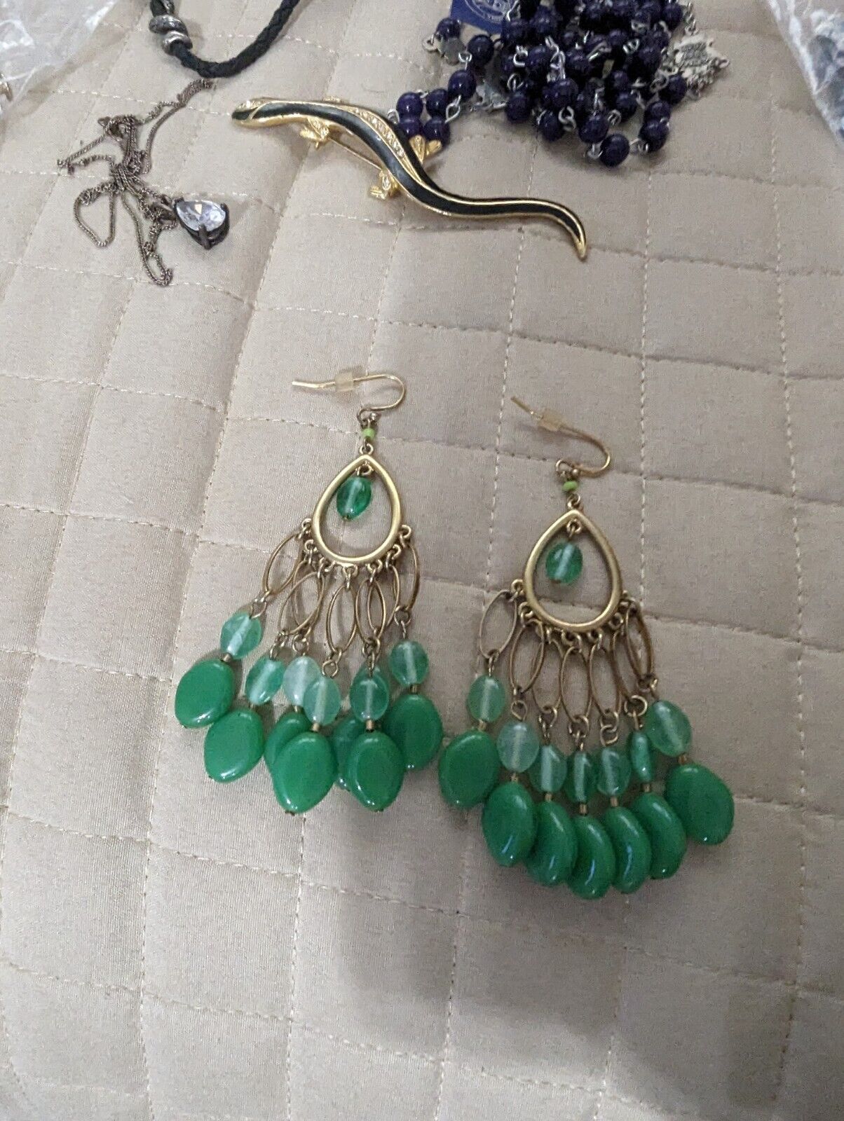 Teel Green On Silver Tone Loop Dangling Earrings