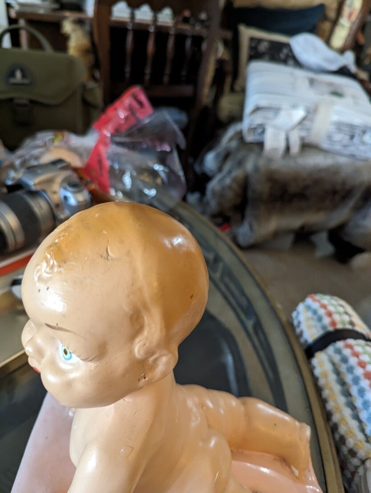 True Vintage 50s Chalkware Piano Baby - Poured Painted plaster baby girl Rare