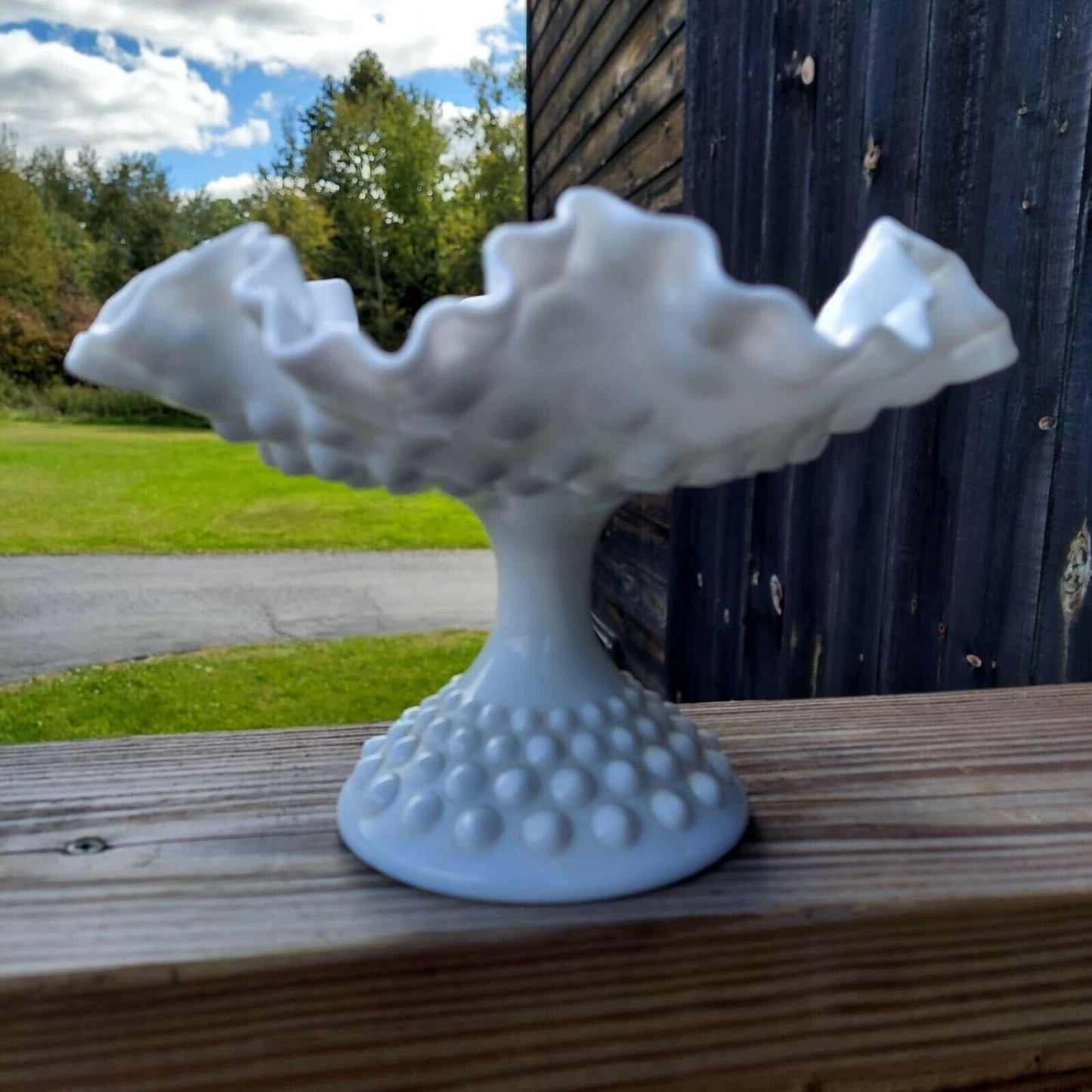 Vintage White Hobnail Milk Glass Footed Compote plate