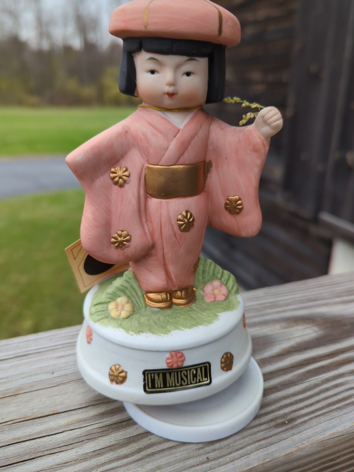 Vintage Flambro Porcelain Japanese Lady Revolving Music Box  6 Inches Tall