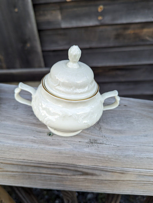 Rosenthal Classic White Germany Embossed Sugar Bowl with Lid Gold Trim