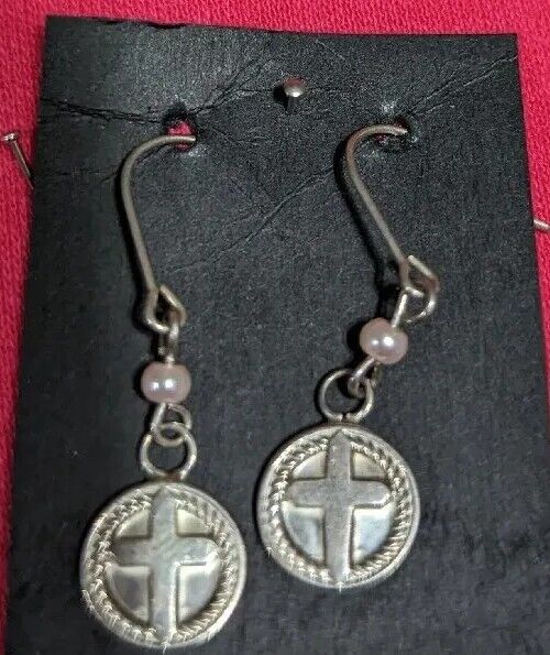 STERLING SILVER ROUND CROSS  PEARL accent  DROP DANGLE PIERCED EARRINGS 925