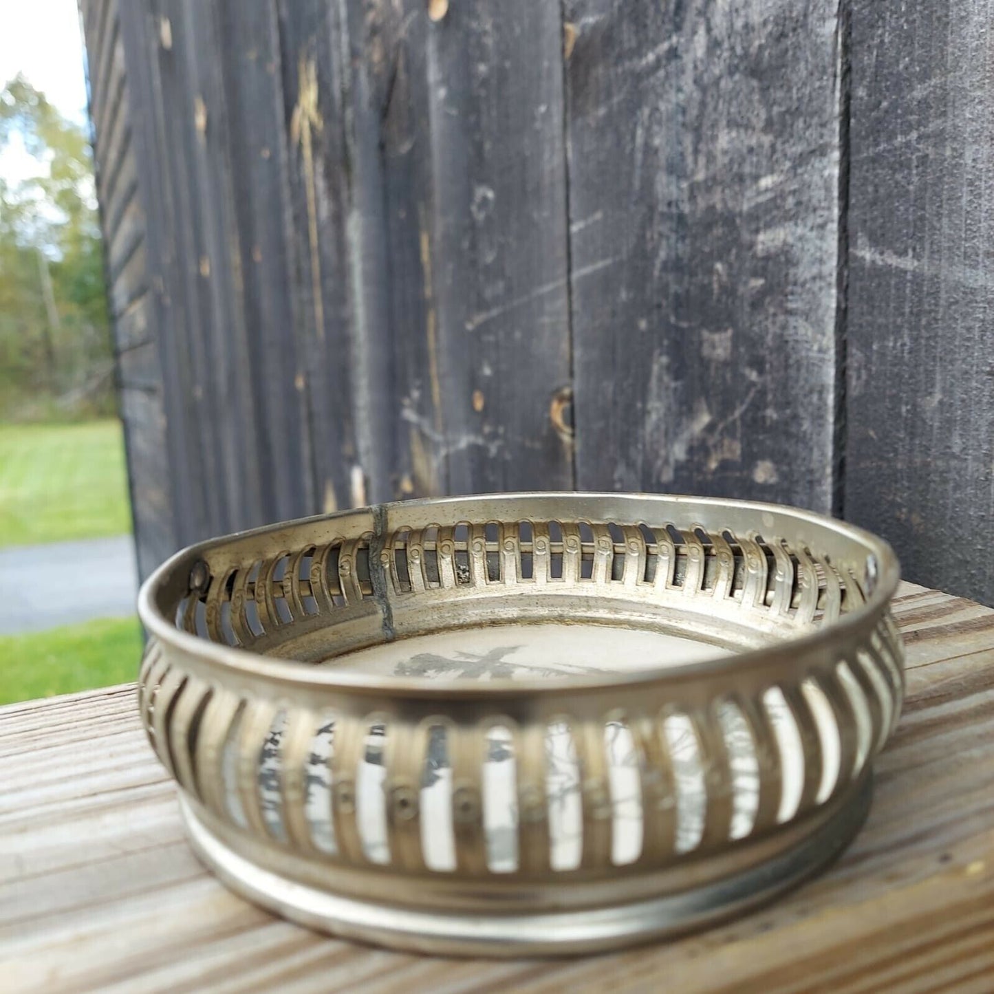 Vintage Metal Small Basket With Black & White Scene Print Made In Germany