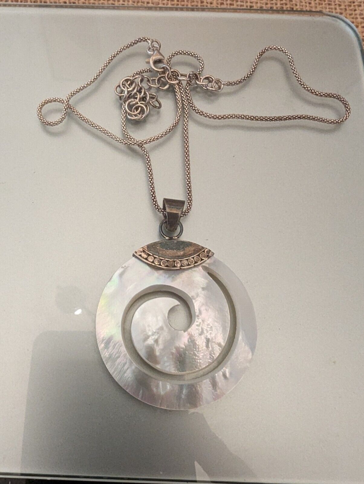 Mother Of Pearl And Sterling 925 Silver Wave Necklace Diameter 2" Rope Chain 18"