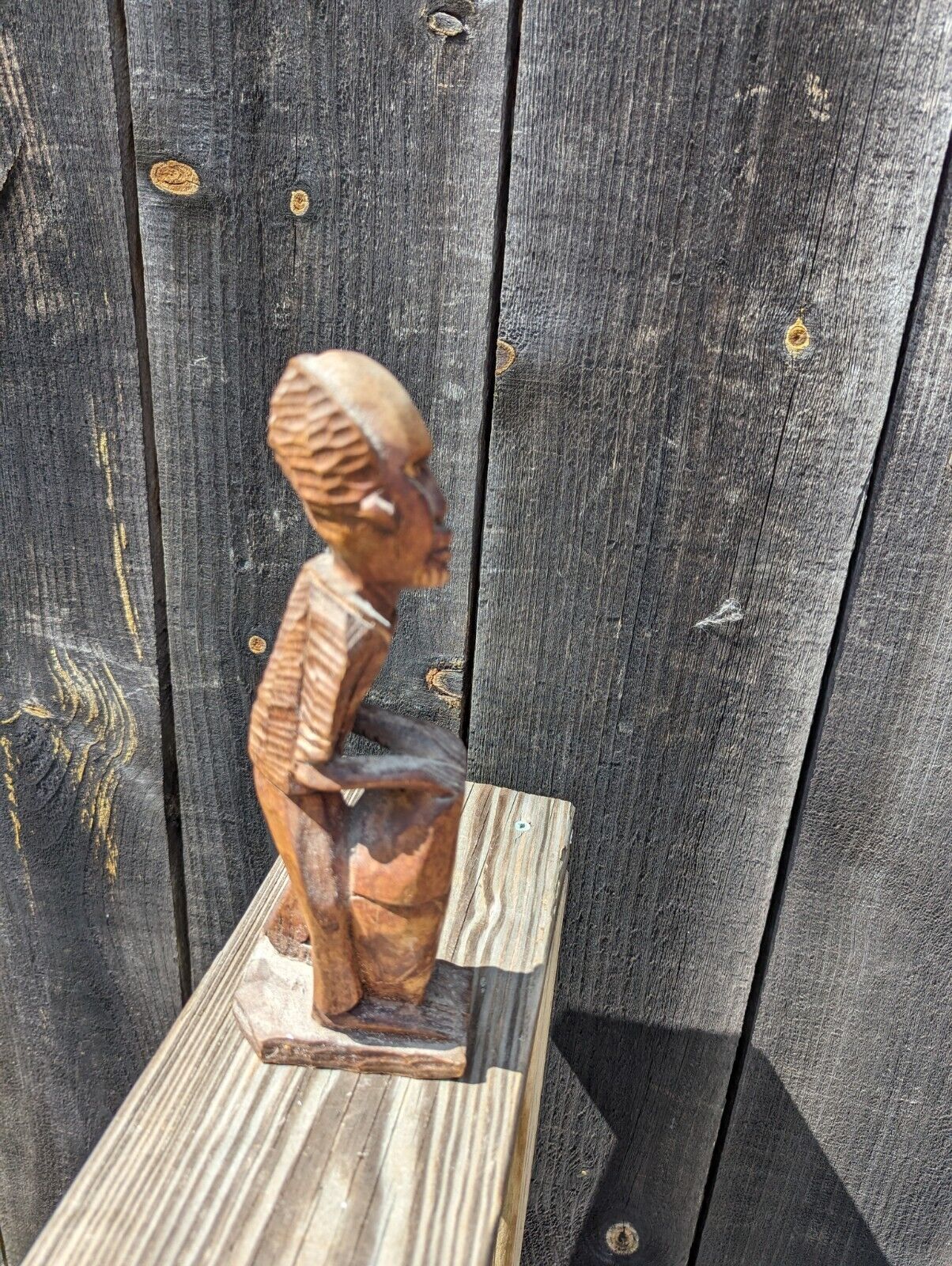 Vintage Hand Carved Wood Man On Drums African Tribal Folk Art Statues Figurine