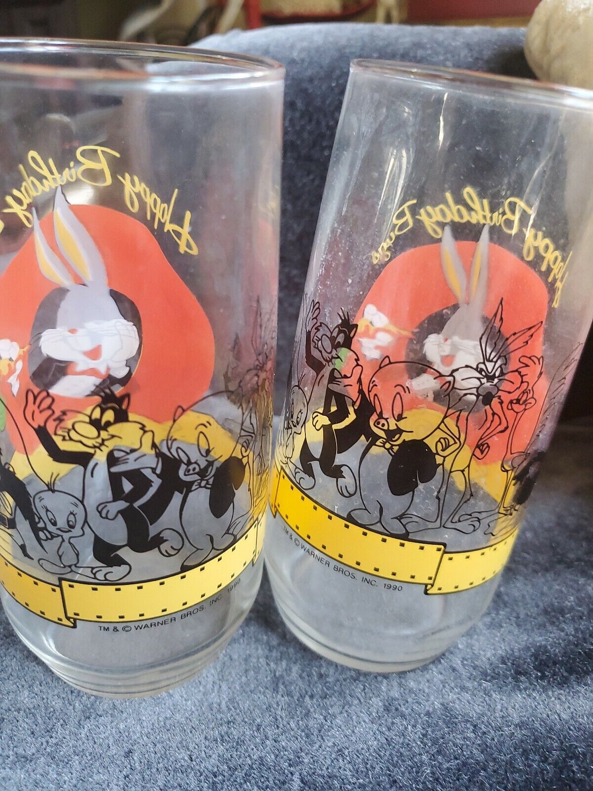 Bugs Bunny Anniversary Glasses "Happy Birthday Bugs" 50th Set of 2 1990 Warner