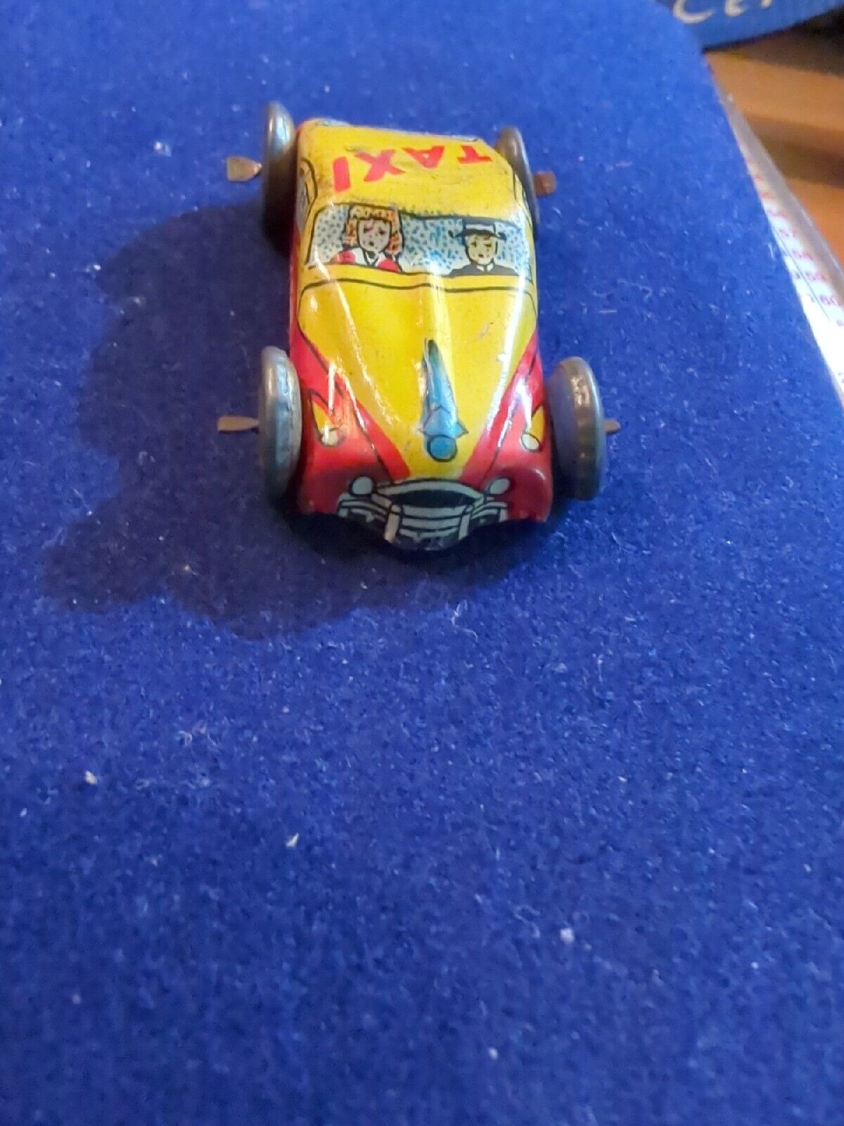 1940s Japan Tiny Tin Litho Toy Car Yellow & Red Taxicab Plate Vintage