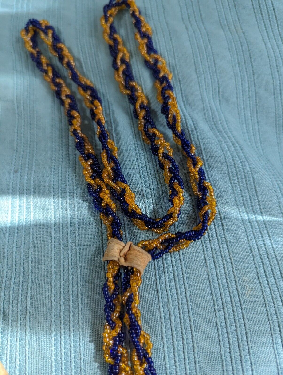 Vntg 1940s Native American Navy/Gold Tone Beaded Lariat Necklace Leather Bound