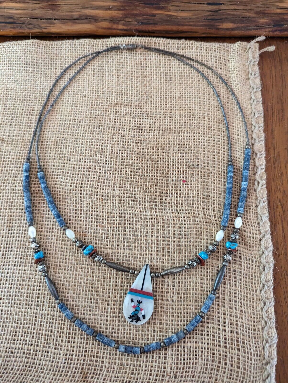 Santo Domingo Pueblo Navajo Inlay Coral Shell Turquoise Kachina 2 Layer Necklace