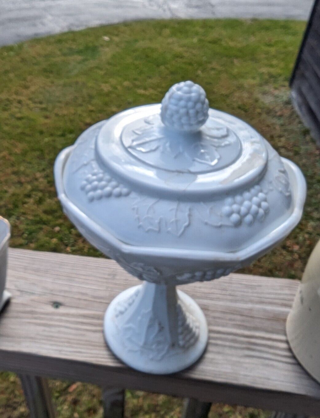 Vintage Indiana White Milk Glass Grape Harvest Pedestal Covered Candy Dish & Lid