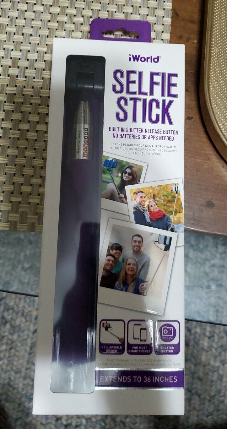 Iworld Selfie Stick purple 36" extended w shutter release button