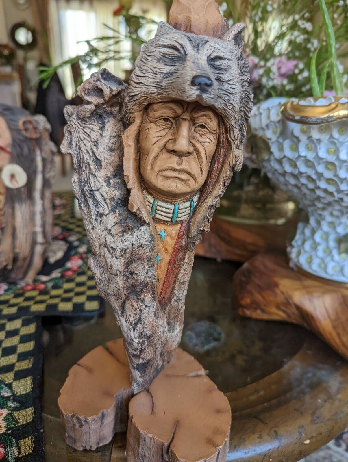 Vintage Terracotta Ceramic Native American Chief Statue on Stand.