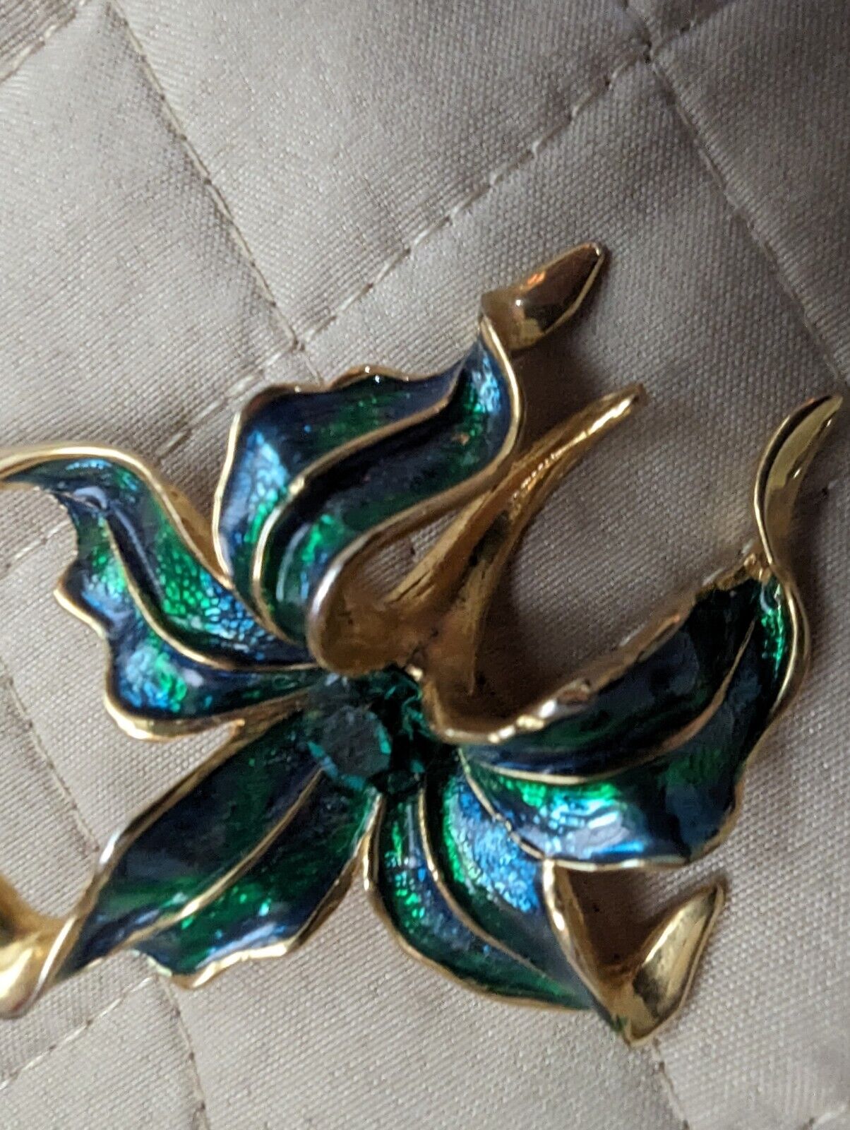 Enamel Goldstone Lily Brooch With Green Stone Jewel toned