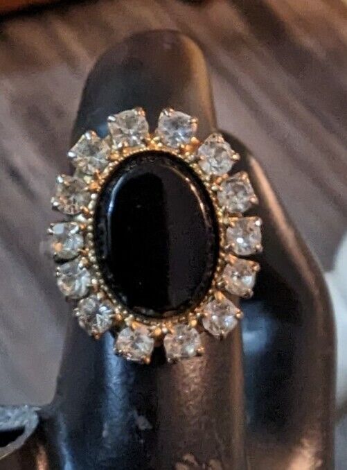 Vintage Domed Black Onix With Rhinestones Ring Size 8 Adjustable