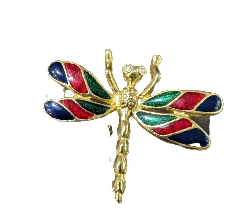 Gold Tone Enamel Dragonfly Brooch Pin Fashion Estate Jewelry - 1.5" x 1.75"