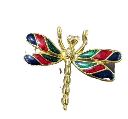 Gold Tone Enamel Dragonfly Brooch Pin Fashion Estate Jewelry - 1.5" x 1.75"