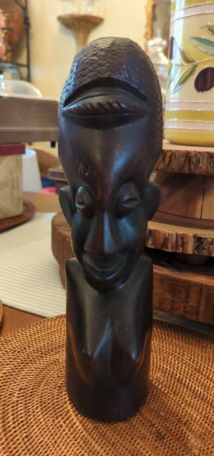 Original Kenyan Hand Carved African Woman Bust Head Ebony Wood Vintage