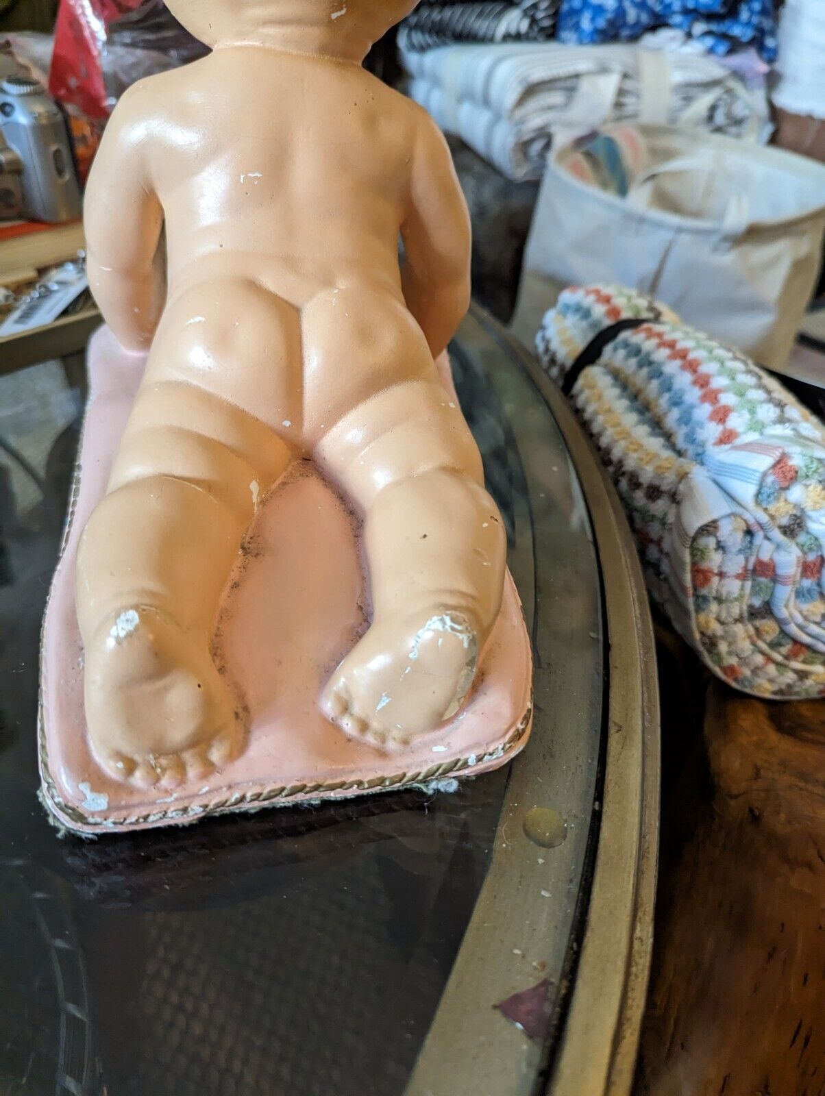 True Vintage 50s Chalkware Piano Baby - Poured Painted plaster baby girl Rare