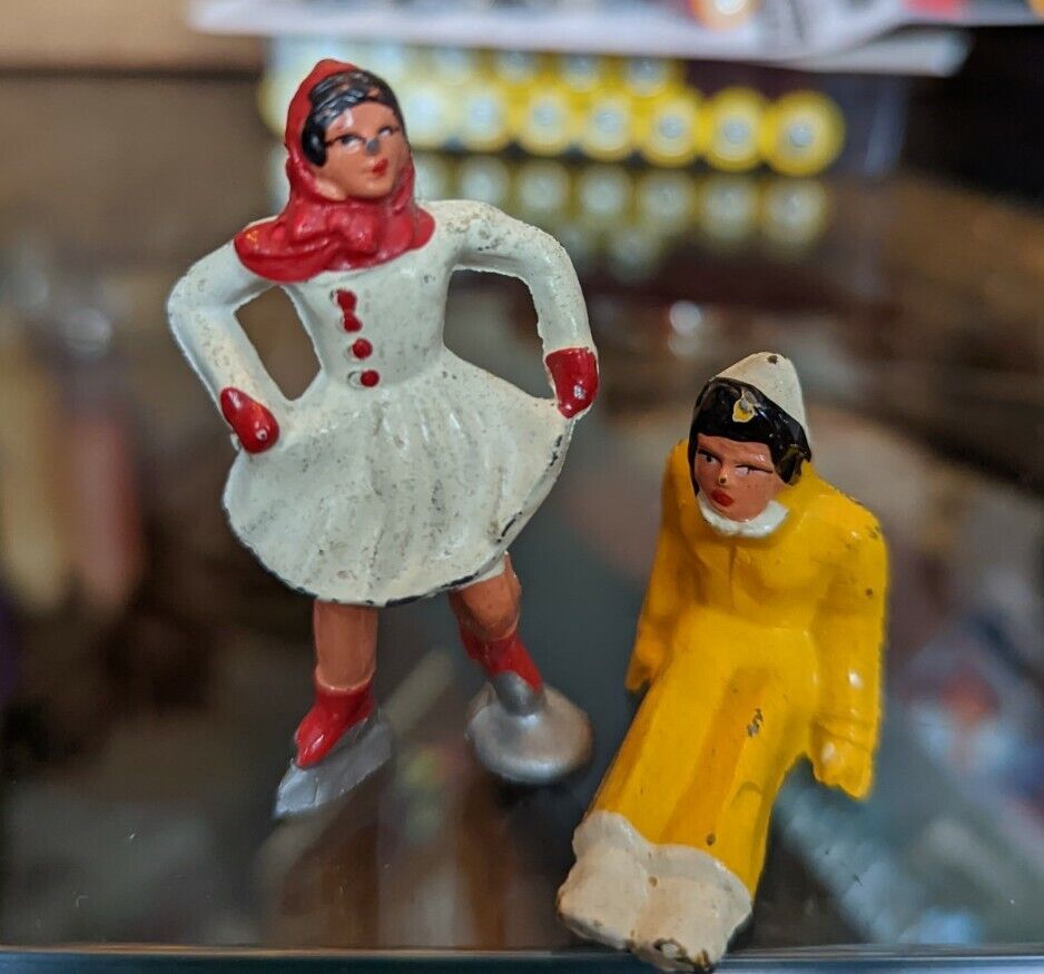 Vintage Barclay 2.5" Cast Iron Ice Skating Lady and Downhill Sliding Figurines