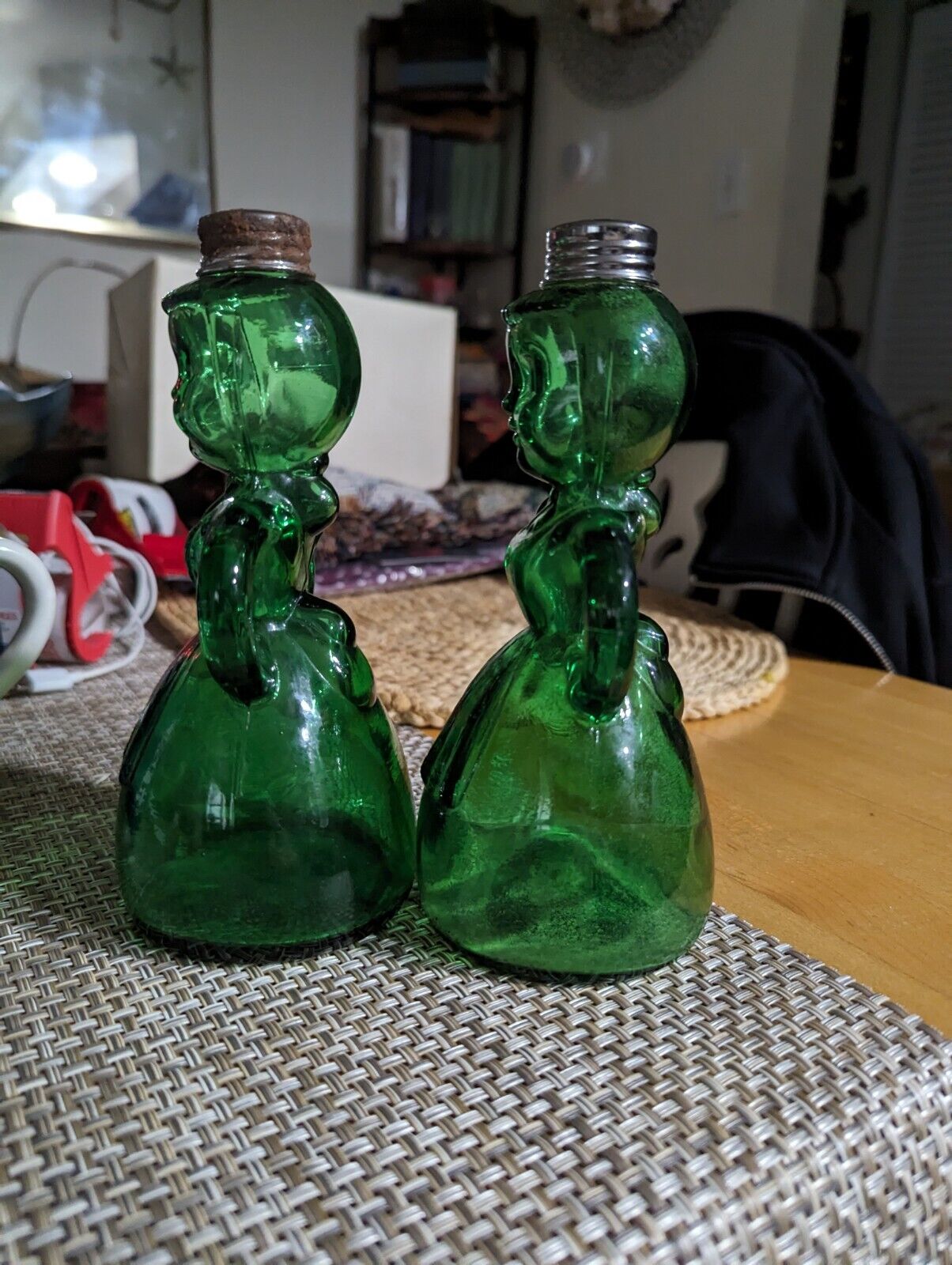 RARE Merry Maids Green Glass Salt &Pepper Shakers Vintage