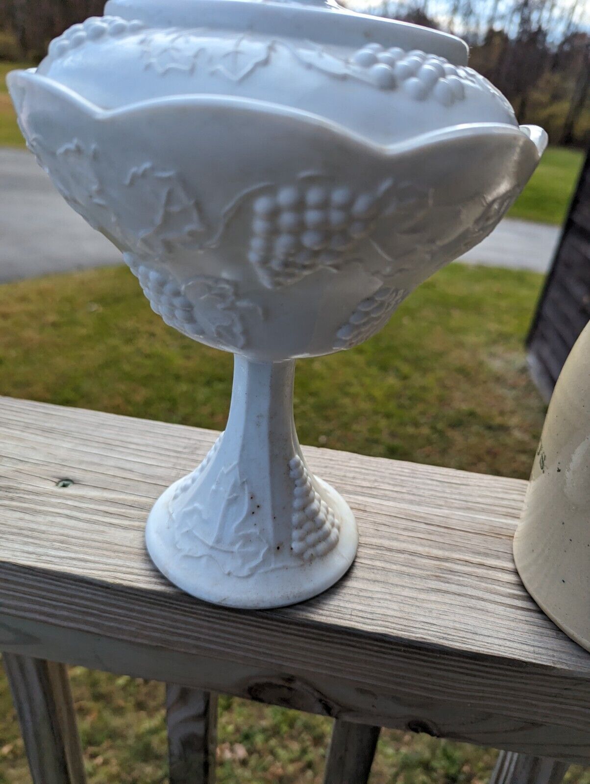 Vintage Indiana White Milk Glass Grape Harvest Pedestal Covered Candy Dish & Lid