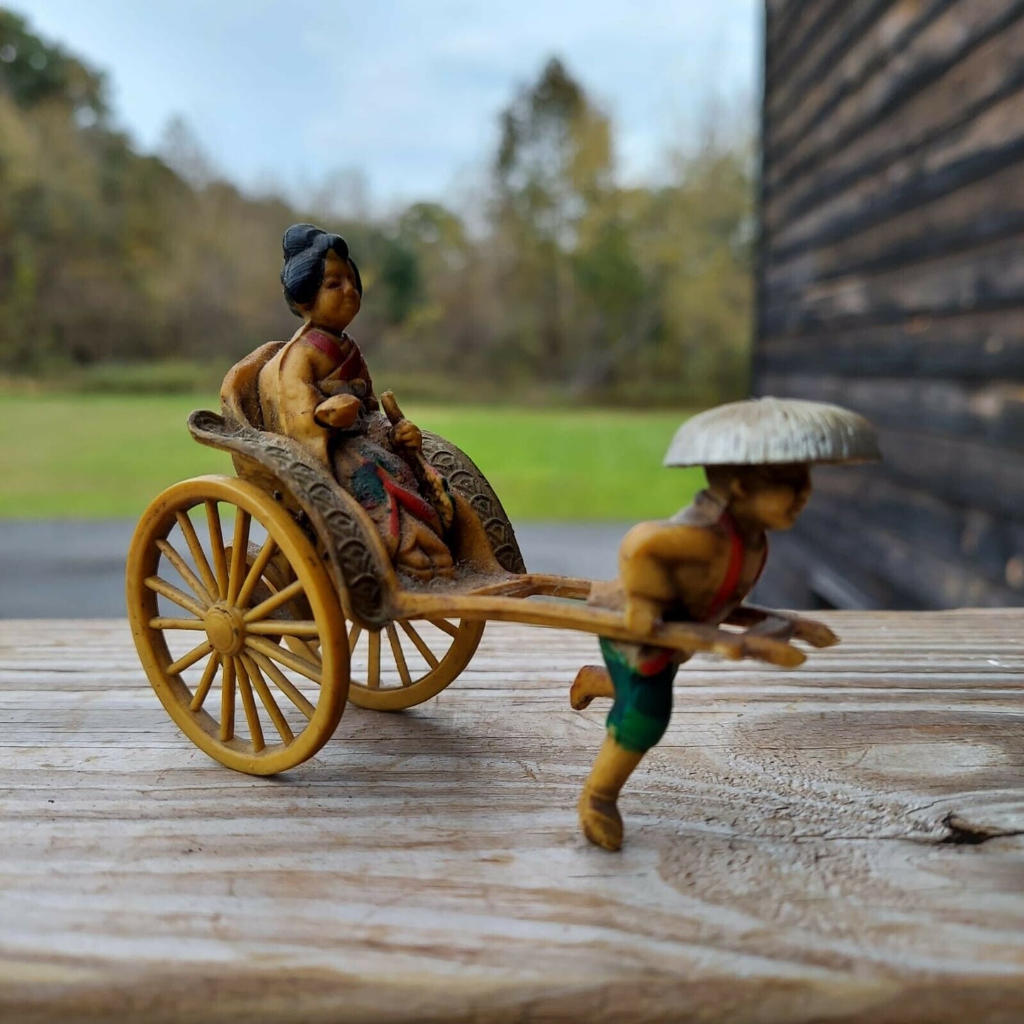 Vintage Asian Celluloid Man Pulling Rickshaw Figurine