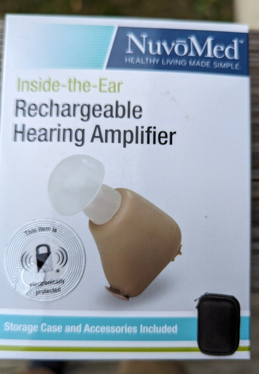 2 New Sealed NuvoMed Inside the Ear Rechargeable Hearing Amplifiers w Case