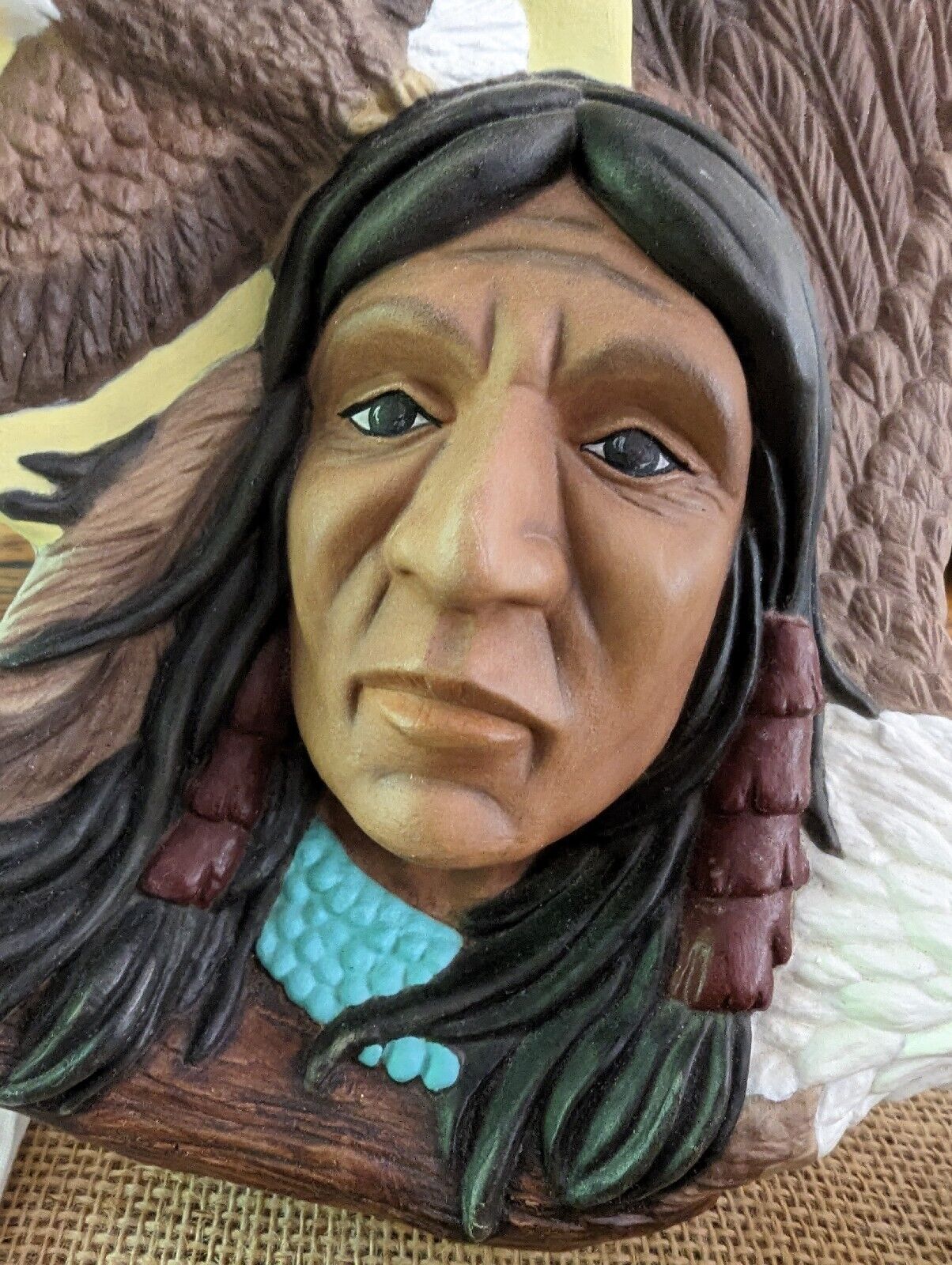 Vintage Native American Ceramic Brave Leader Figure with  Eagles, hand painted