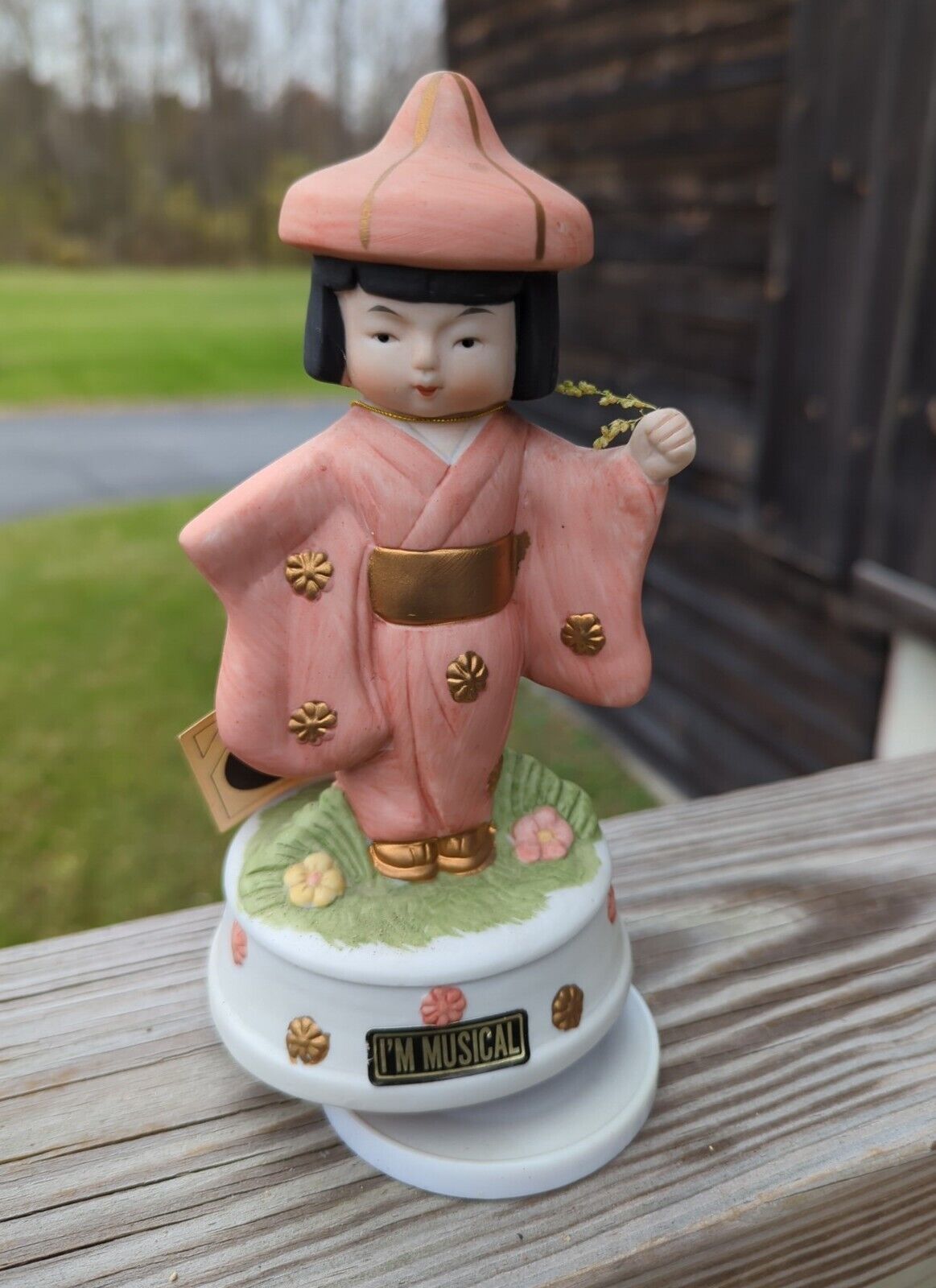 Vintage Flambro Porcelain Japanese Lady Revolving Music Box  6 Inches Tall