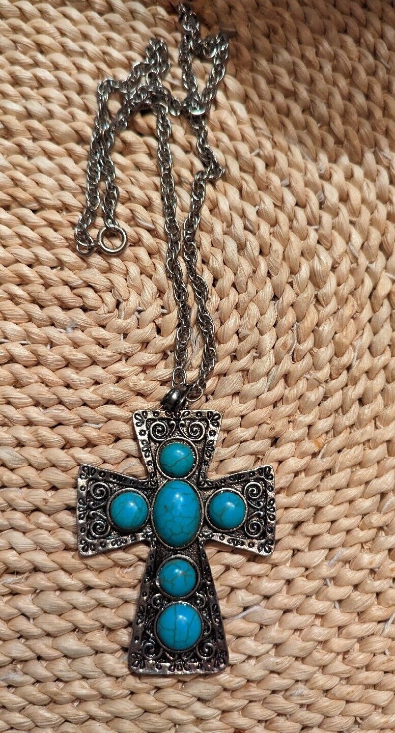 Vintage Large SouthWestern Style Turquoise Over Silver Tone Cross And 22" Chain