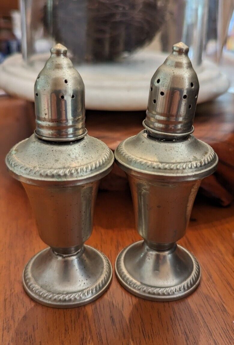 Vintage Metal Glass Set Salt Pepper Shakers Mid Century Plated