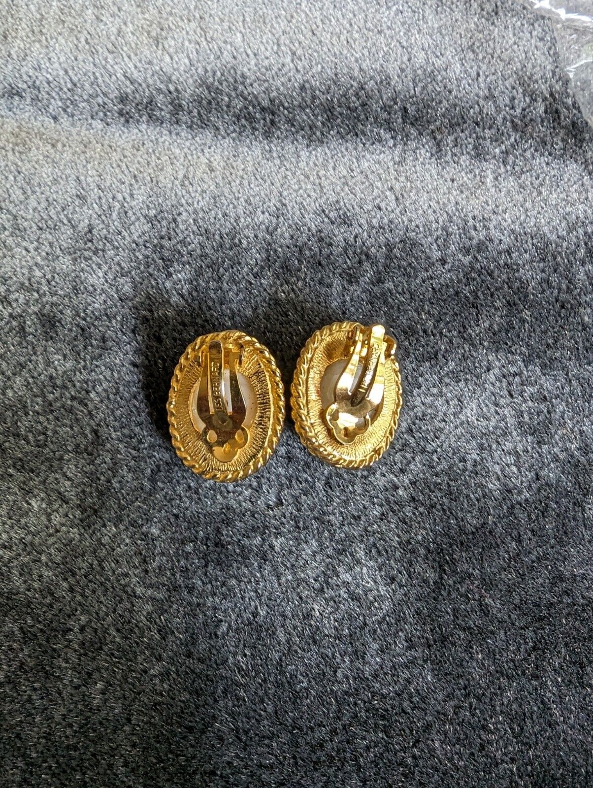 Vintage Les Bernard Clip On Earrings White Glass Stone Over Golden Metal Classic