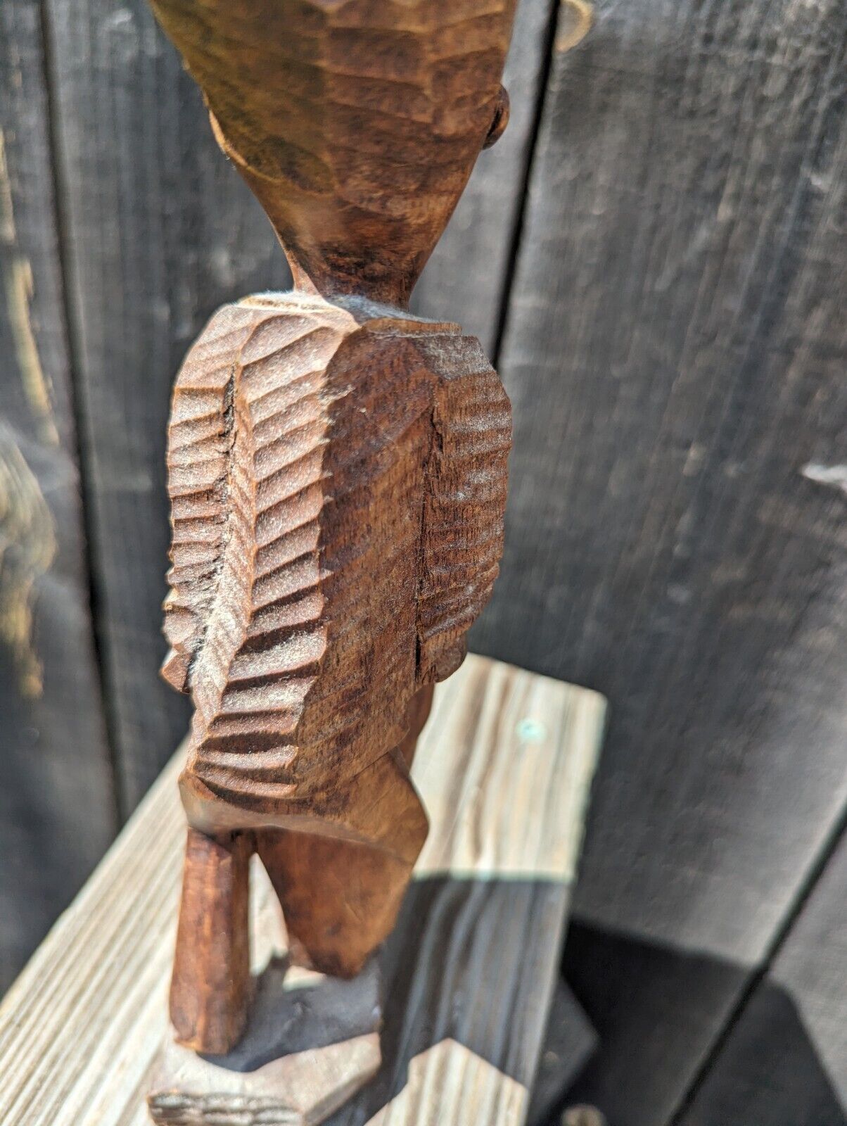 Vintage Hand Carved Wood Man On Drums African Tribal Folk Art Statues Figurine