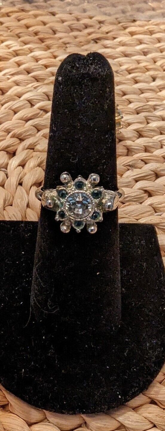 Vintage Avon White and Light Blue Rhinestone Ring, Size 5 With Guard, 7 If Out