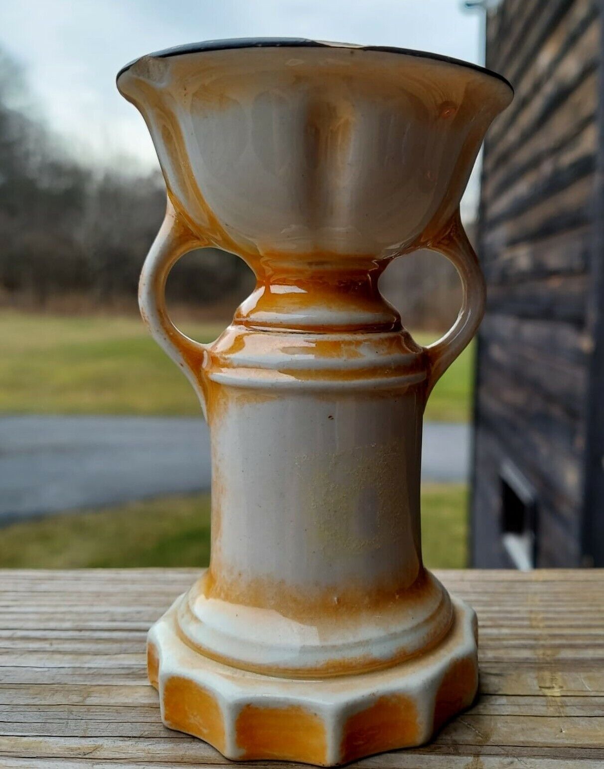 Vintage Czech Yellow / Orange Luster Ladies Spitoon Fruited Vase 5 1/2" Stamped