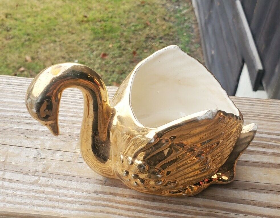 Swan 22k Gold Dip Porcelain Ceramic Vase Planter Candle/Jewelry Holder USA Made