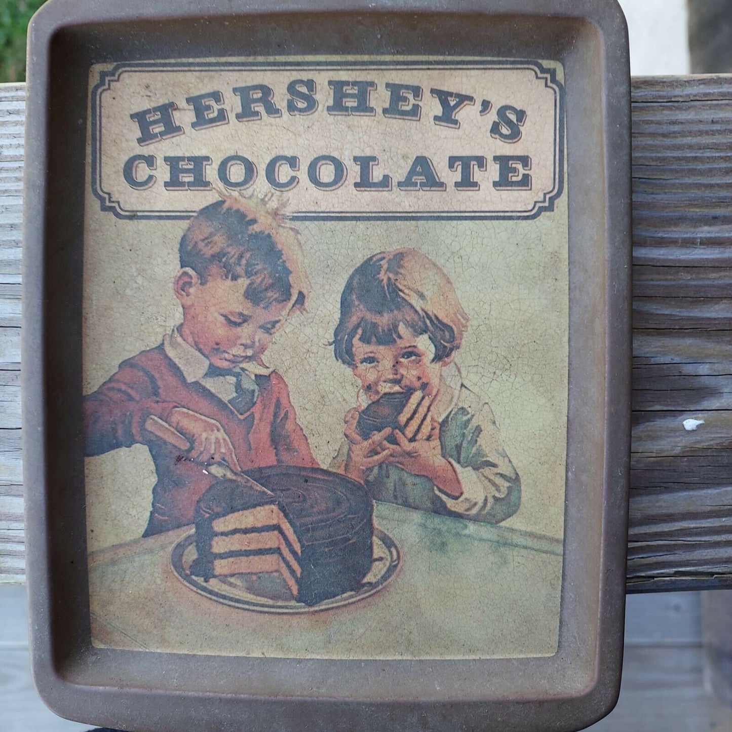 Hershey 1982 VINTAGE Tin Tray W/boy&girl Eating Chocolate Cake. Made in England