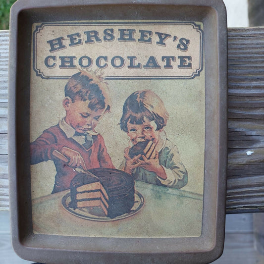 Hershey 1982 VINTAGE Tin Tray W/boy&girl Eating Chocolate Cake. Made in England